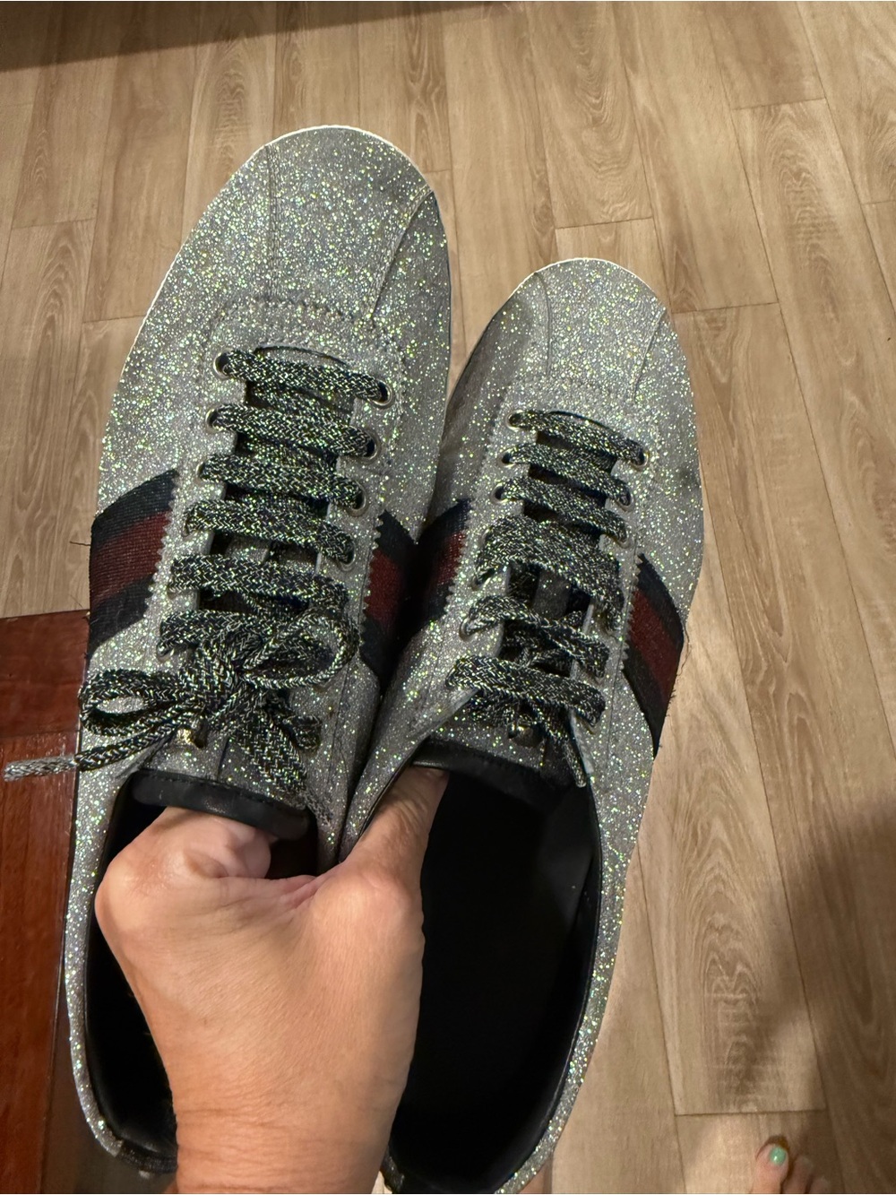Authentic Gucci Silver Glitter Low-Top Sneakers with Navy & Red Stripe